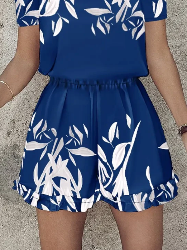 Elasticity Leaves Print Loose Short Sleeves Cold Shoulder Rompers