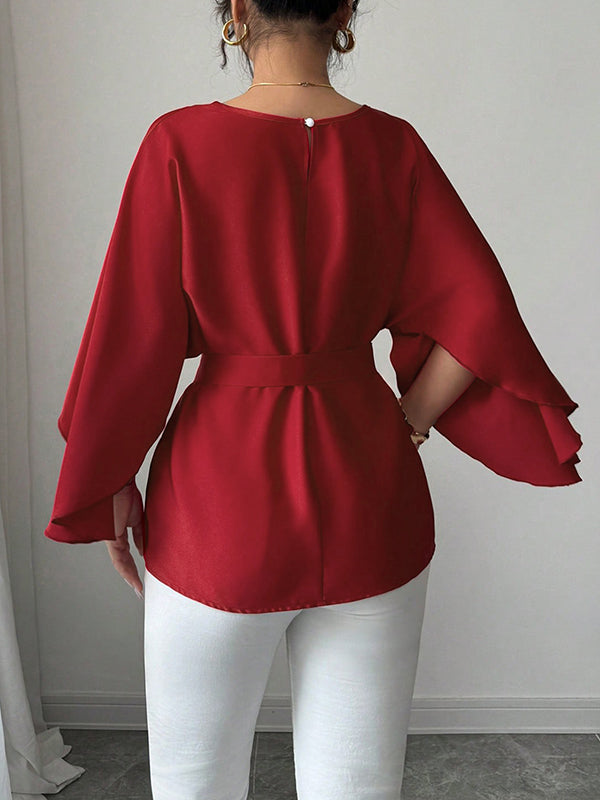 Split-Joint Tied Waist Batwing Sleeves Round-Neck Blouses&Shirts Tops