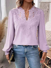 Elasticity Hollow Jacquard Solid Color Split-Joint Loose Puff Sleeves V-Neck Blouses&Shirts Tops