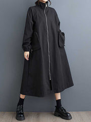 Elasticity Pockets Split-Joint Zipper Long Sleeves Loose High Neck Trench Coats Outerwear