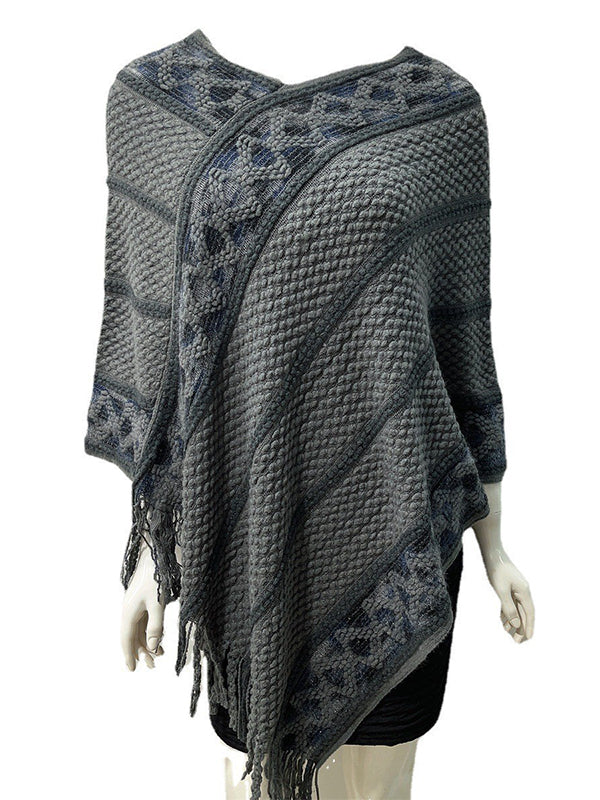 Asymmetric Tasseled Loose V-Neck Shawl&Cloak Cape