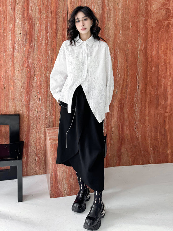 Abstract Printed Asymmetric Buttoned Wrinkled Irregularity Long Sleeves Lapel Blouses&Shirts Tops
