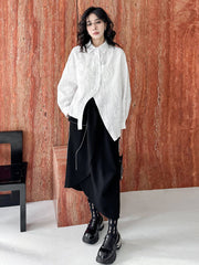 Abstract Printed Asymmetric Buttoned Wrinkled Irregularity Long Sleeves Lapel Blouses&Shirts Tops