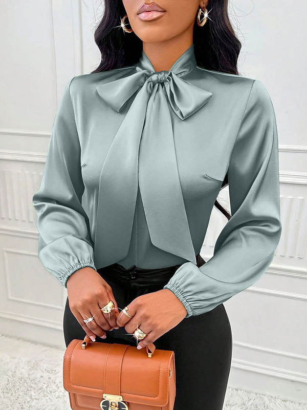 Bow-Embellished Pleated Solid Color Split-Joint Long Sleeves Loose Scarf Collar Blouses&Shirts Tops