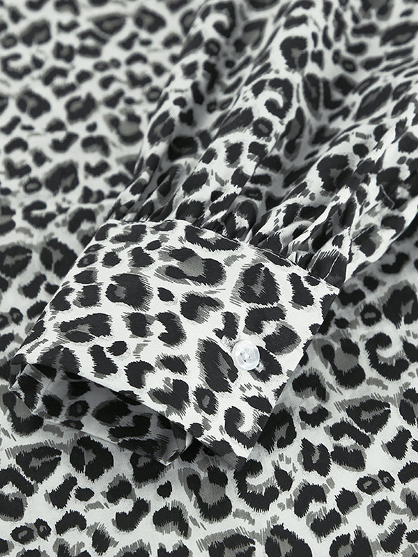 Leopard Printed Split-Joint Loose Puff Sleeves Peter Pan Collar Blouses&Shirts Tops