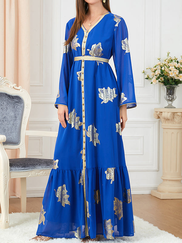 Pleated Printed Split-Front Split-Joint Tied Waist Long Sleeves Loose V-Neck Maxi Dresses