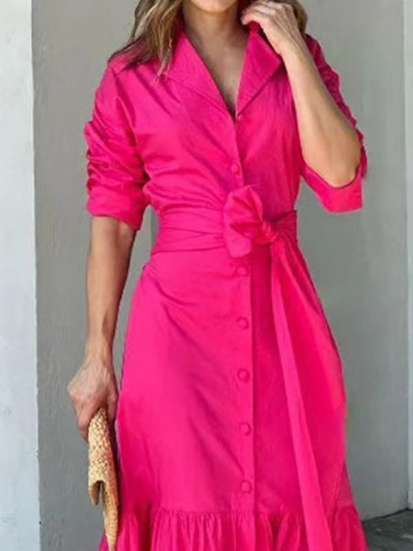 A-Line Half Sleeves Buttoned Solid Color Tied Waist Polo Maxi Dresses