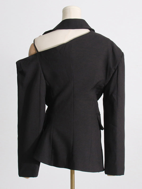 Asymmetric Buttoned Hollow Solid Color Tied Long Sleeves Loose Asymmetric Collar Blazer