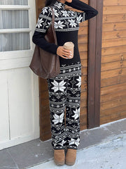 Loose Contrast Color Printed Split-Joint Striped  Long Sleeves Half Turtleneck Blouses&Shirts Tops + Wide Leg Pants Two Pieces Set