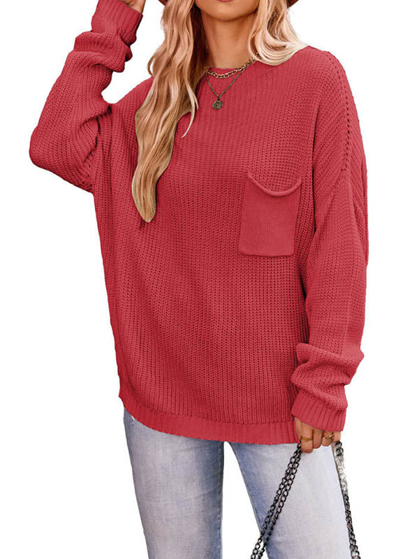 Pockets Solid Color Long Sleeves Loose Round-Neck Sweater Tops Pullovers