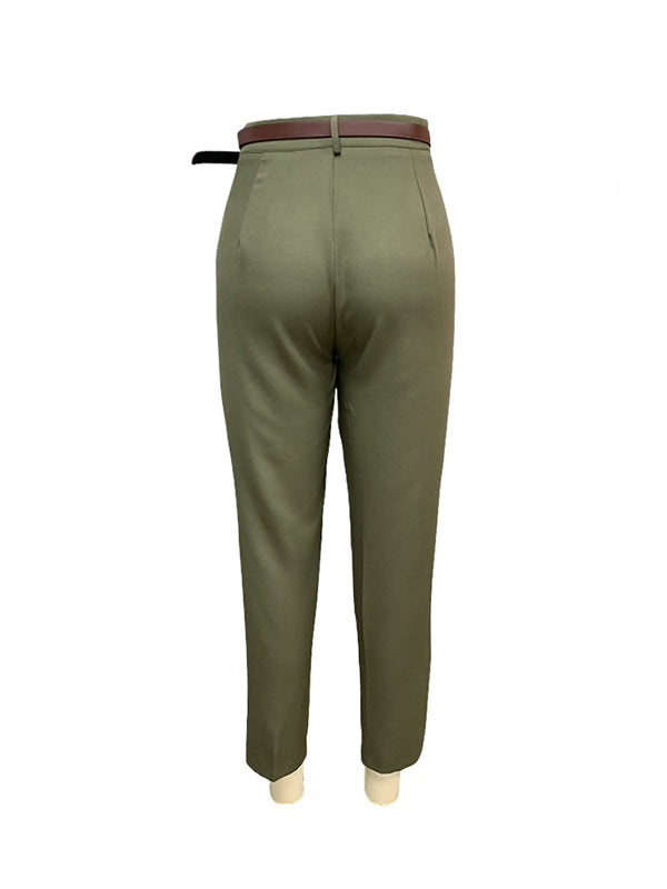 Belted Buttoned Pleated Pockets High Waisted Loose Suit Pants