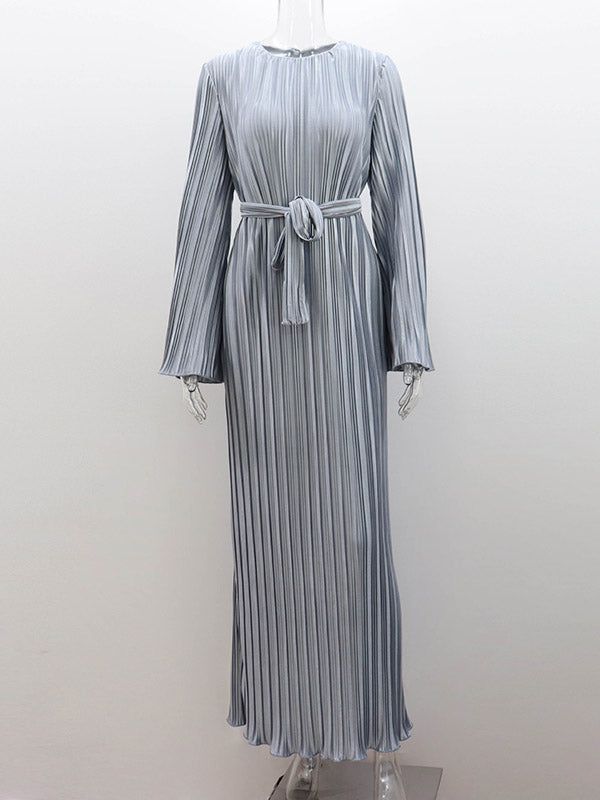 Pleated Solid Color Flared Sleeves Long Sleeves Round-Neck Maxi Dresses