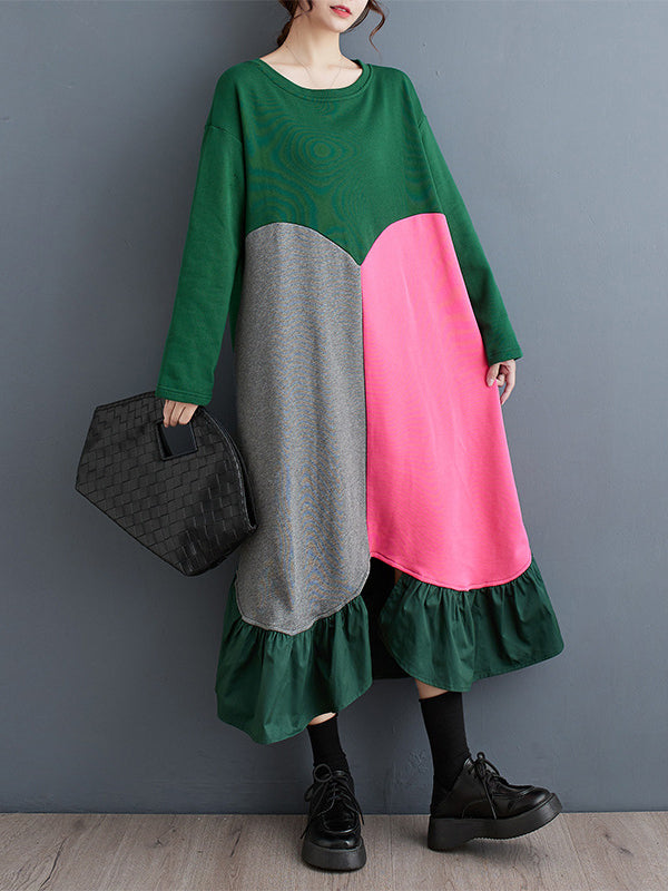 Contrast Color Pleated Split-front Split-Joint A-line Long Sleeves Round-neck Midi Dresses