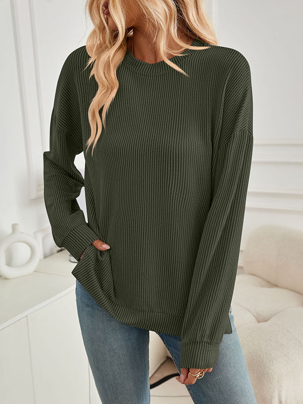 Pleated Solid Color Split-Joint Split-Side High-Low Long Sleeves Round-Neck Sweatershirt