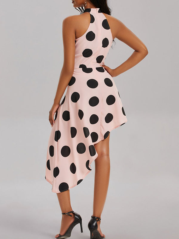 Asymmetric Polka-Dot Loose Sleeveless Halter-Neck Midi Dresses