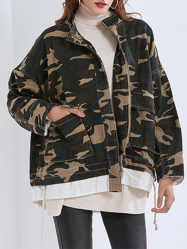 Camouflage Drawstring Pockets Split-Joint False Two Long Sleeves Mock Neck Outerwear
