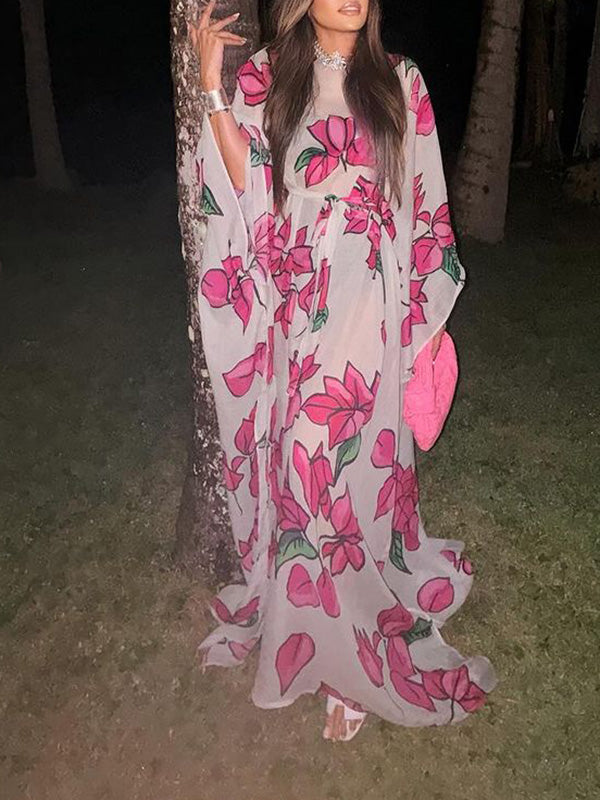 Flower Print Split-Joint Split-side Tied Waist Batwing Sleeves Long Sleeves Round-neck Maxi Dresses