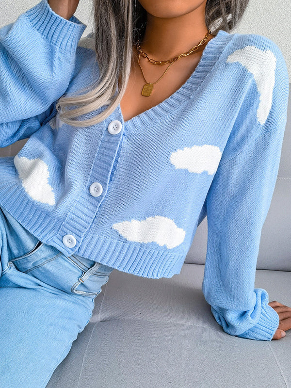 Buttoned Split-Joint Long Sleeves Loose V-Neck Cardigan Tops