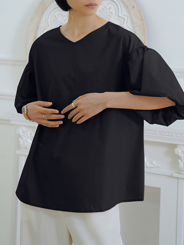 Solid Color Half Sleeves Loose V-Neck Blouses&Shirts Tops