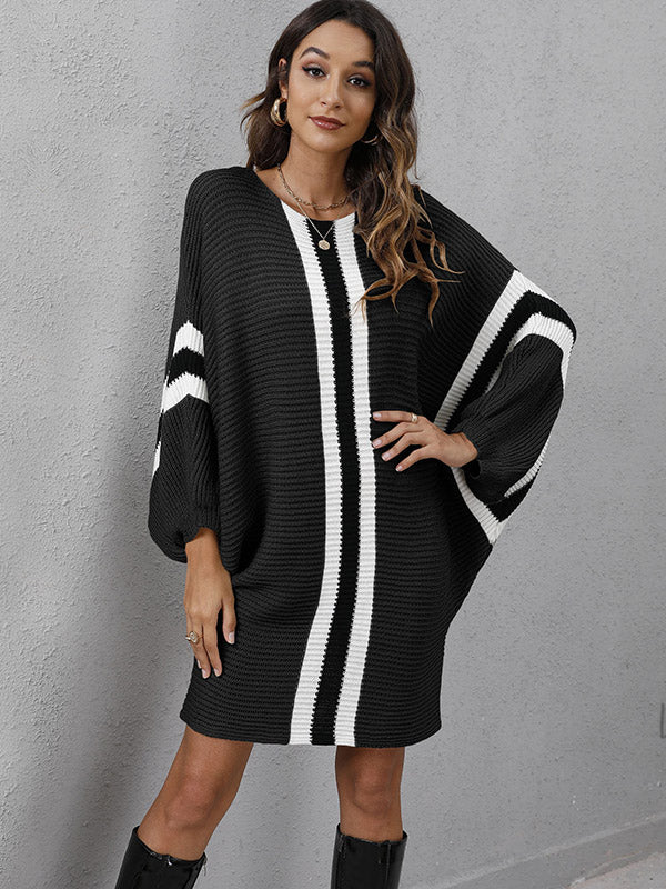 Original Loose 4 Colors Striped Round-Neck Batwing Long Sleeves Sweater Dress