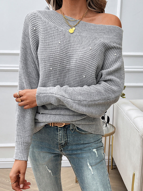 Solid Color Split-Joint Long Sleeves Loose Off-The-Shoulder Sweater Tops Pullovers