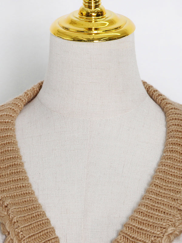 Original Long Sleeves Loose Hollow Solid Color V-Neck Sweater Tops