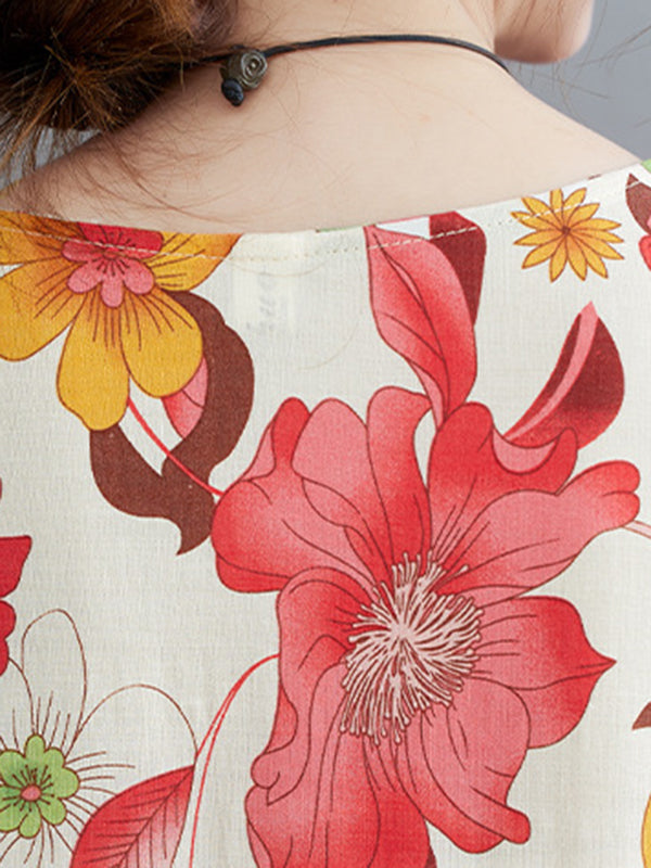 Pleated Printed Split-Joint Loose Short Sleeves Round-Neck Midi Dresses