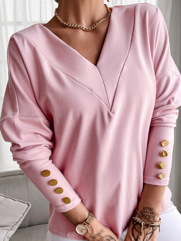 Buttoned Long Sleeves Loose V-Neck T-Shirts Tops