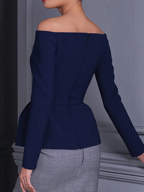 Long Sleeves Skinny Buttoned Solid Color Off-The-Shoulder Blouses&Shirts Tops