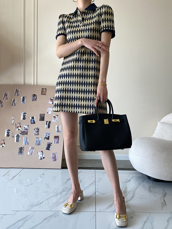 Original Plaid Knitting Lapel Collar Short Sleeves Mini Dress
