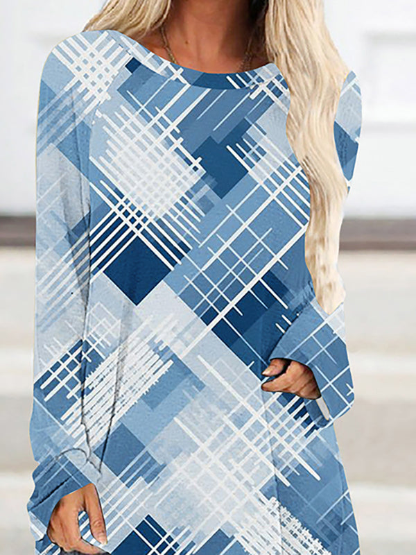 Printed High-Low Long Sleeves Round-Neck T-Shirts Tops
