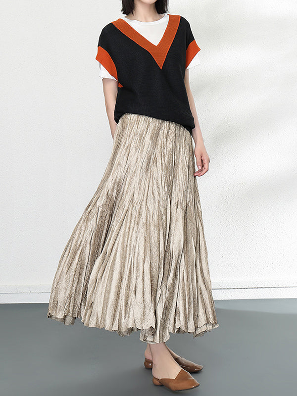 Elasticity Pleated Solid Color A-line High Waisted Skirts Bottoms