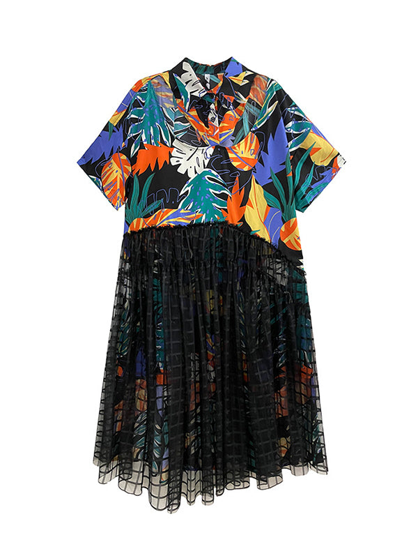 Buttoned Hollow Mesh Printed Split-Joint A-Line Loose Lapel Midi Dresses