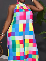 Loose Sleeveless Contrast Color Plaid Pleated Halter-Neck Jumpsuits