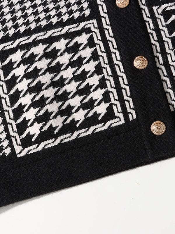 Long Sleeves Loose Contrast Color Houndstooth Split-Joint Round-Neck Cardigan Tops