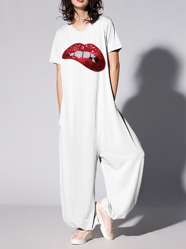 Loose Short Sleeves Lip Applique Embroidered Round-Neck Jumpsuits