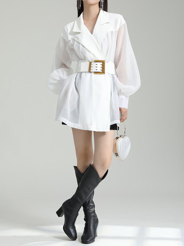 Belted See-Through Puff Sleeves Loose Lapel Blouses&shirts Tops