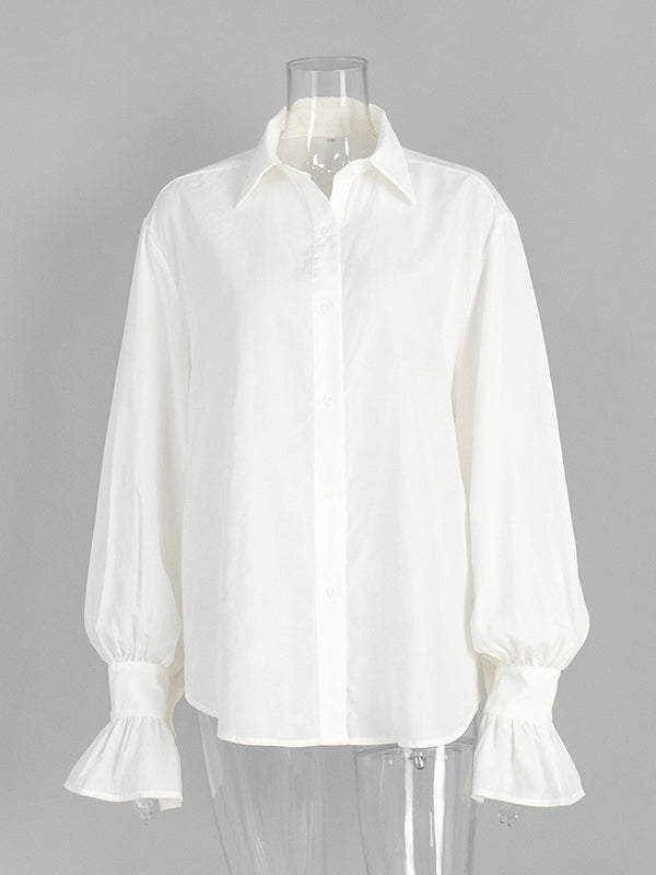 Pleated Solid Color Split-Joint Loose Puff Sleeves Lapel Blouses&shirts Tops