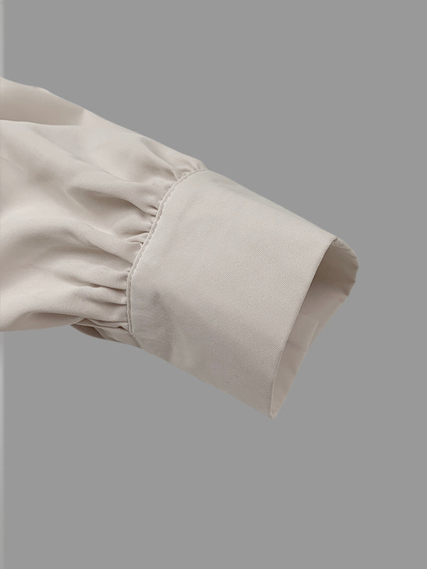 Buttoned Drawstring Pleated Pockets Solid Color High-Low Long Sleeves Lapel Midi Dresses