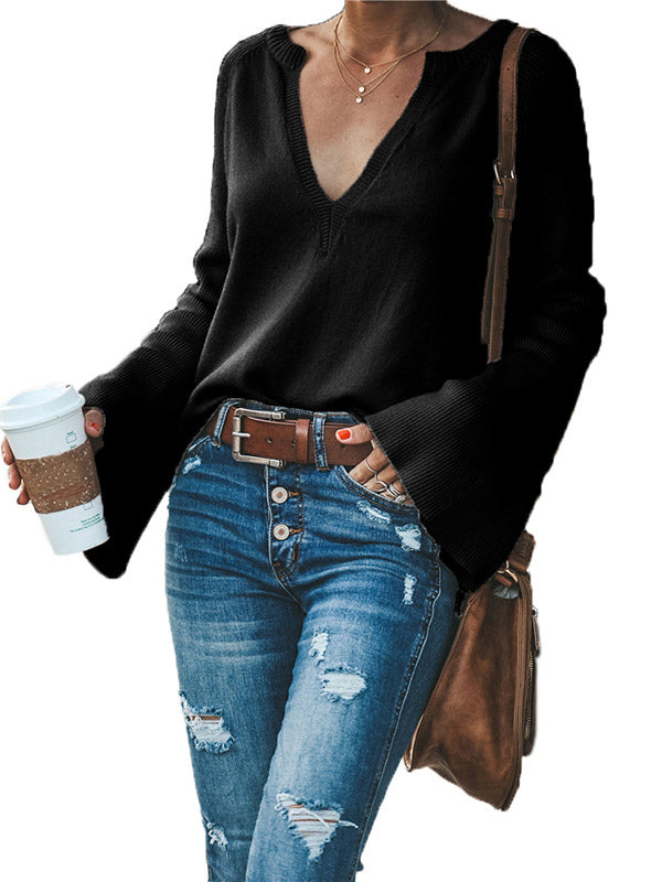 Casual Long Sleeves Loose Solid Color V-Neck Sweater Tops
