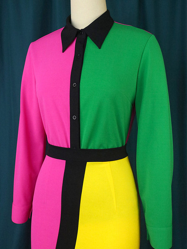 Asymmetric Buttoned Contrast Color Split-back High Waisted Long Sleeves Lapel Midi Dresses