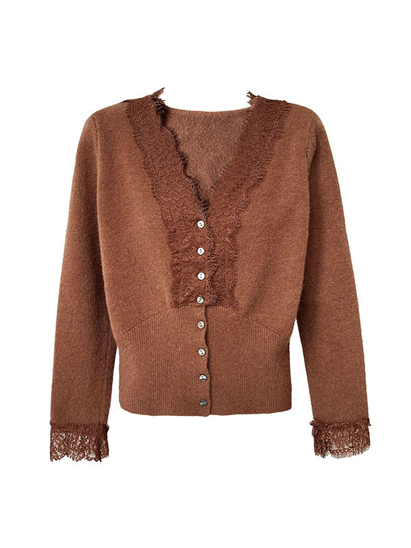 Buttoned Split-Joint Long Sleeves V-Neck Cardigan Tops