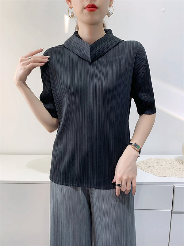 Pleated Solid Color Half Sleeves Hooded Mock Neck T-Shirts Tops