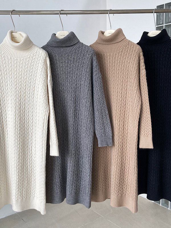 Stylish Loose Long Sleeves Solid Color High-Neck Twist Sweater Dresses