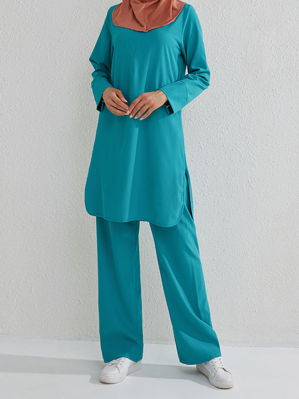 Round-Neck Long Sleeves Pockets Solid Color Split-Side Shirts Top + Pants Bottom Two Pieces Set