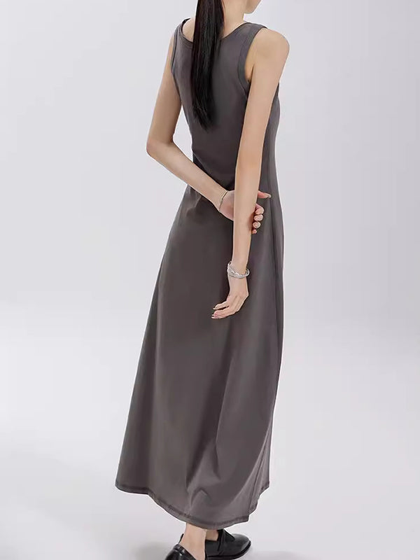 Solid Color Split-Joint Loose Sleeveless Round-Neck Maxi Dresses