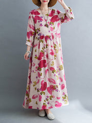 Flower Print Split-Joint Long Sleeves Loose Round-Neck Midi Dresses