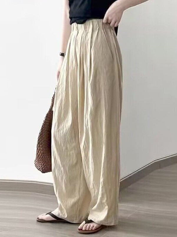 Elasticity Pleated Pockets Solid Color High Waisted Loose Trousers Pants
