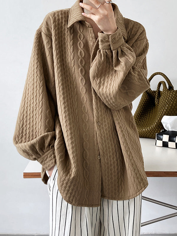 Simple Loose Long Sleeves Buttoned Solid Color Textured Lapel Collar Blouses&Shirts Tops