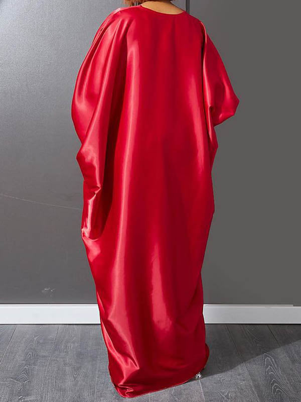 Solid Color Batwing Sleeves High-Low Deep V-Neck Maxi Dresses